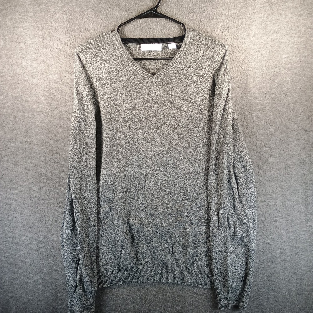 Calvin‎ Klein V-Neck Pullover Sweater Mens XL Gray Blue Logo Long Sleeve Light